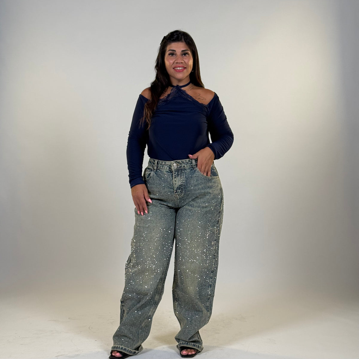 ✨ Jeans Glam Strass con Tasche Posteriori ( versione chiara )