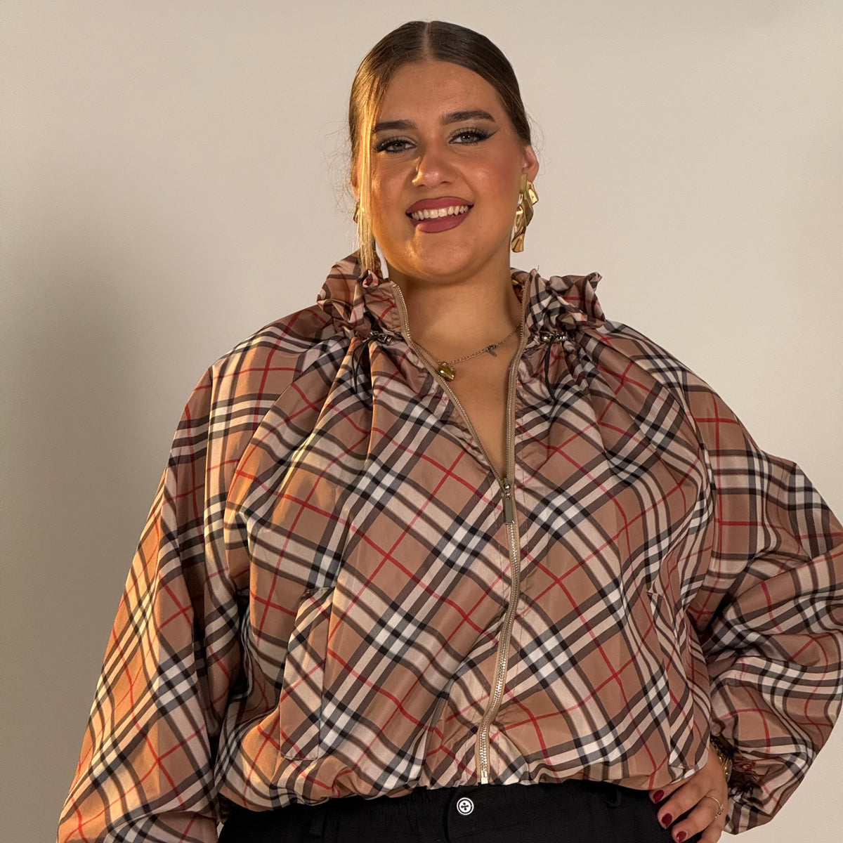 Giacca Check con Colletto Arricciato