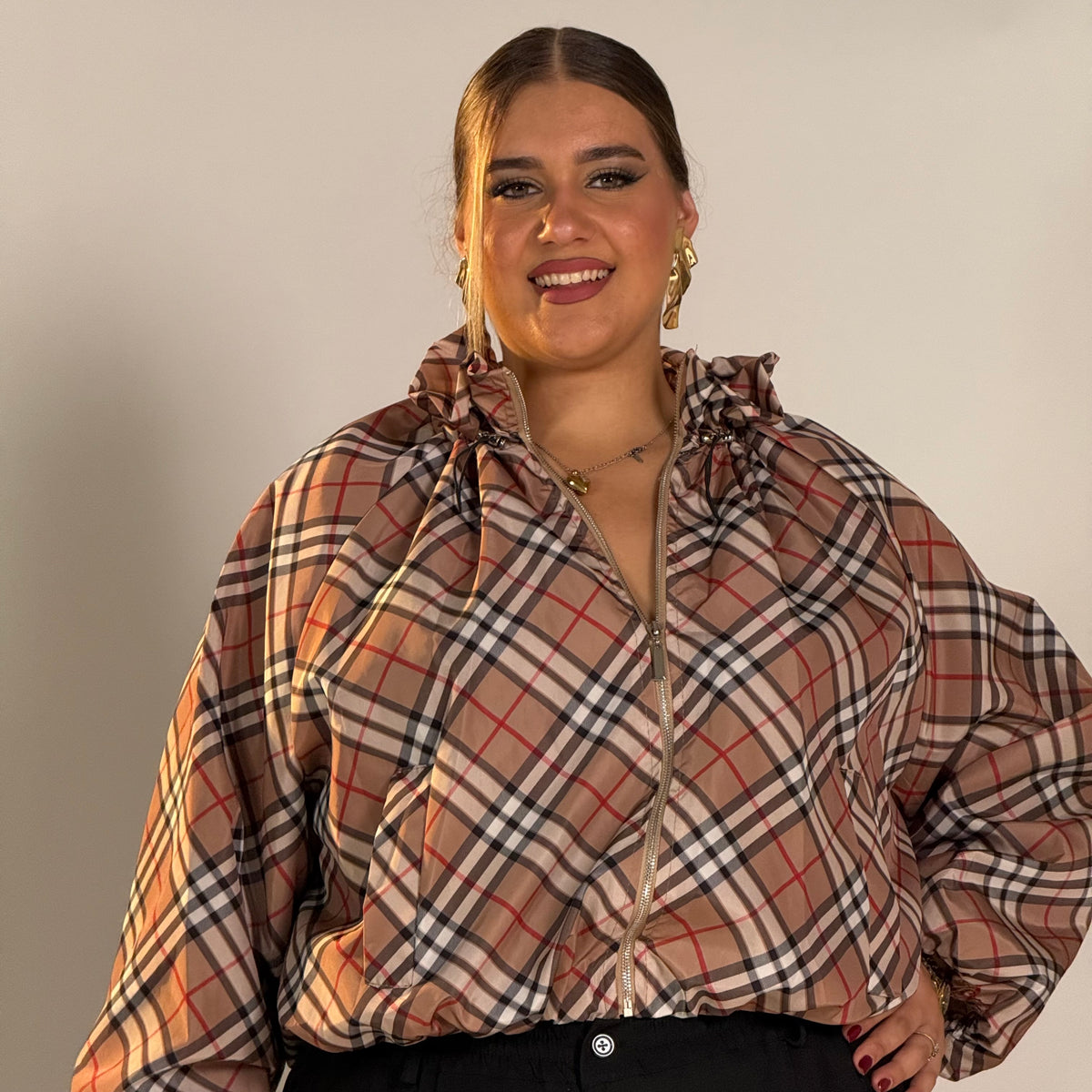 Giacca Check con Colletto Arricciato
