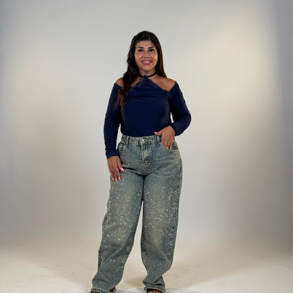 ✨ Jeans Glam Strass con Tasche Posteriori ( versione chiara )
