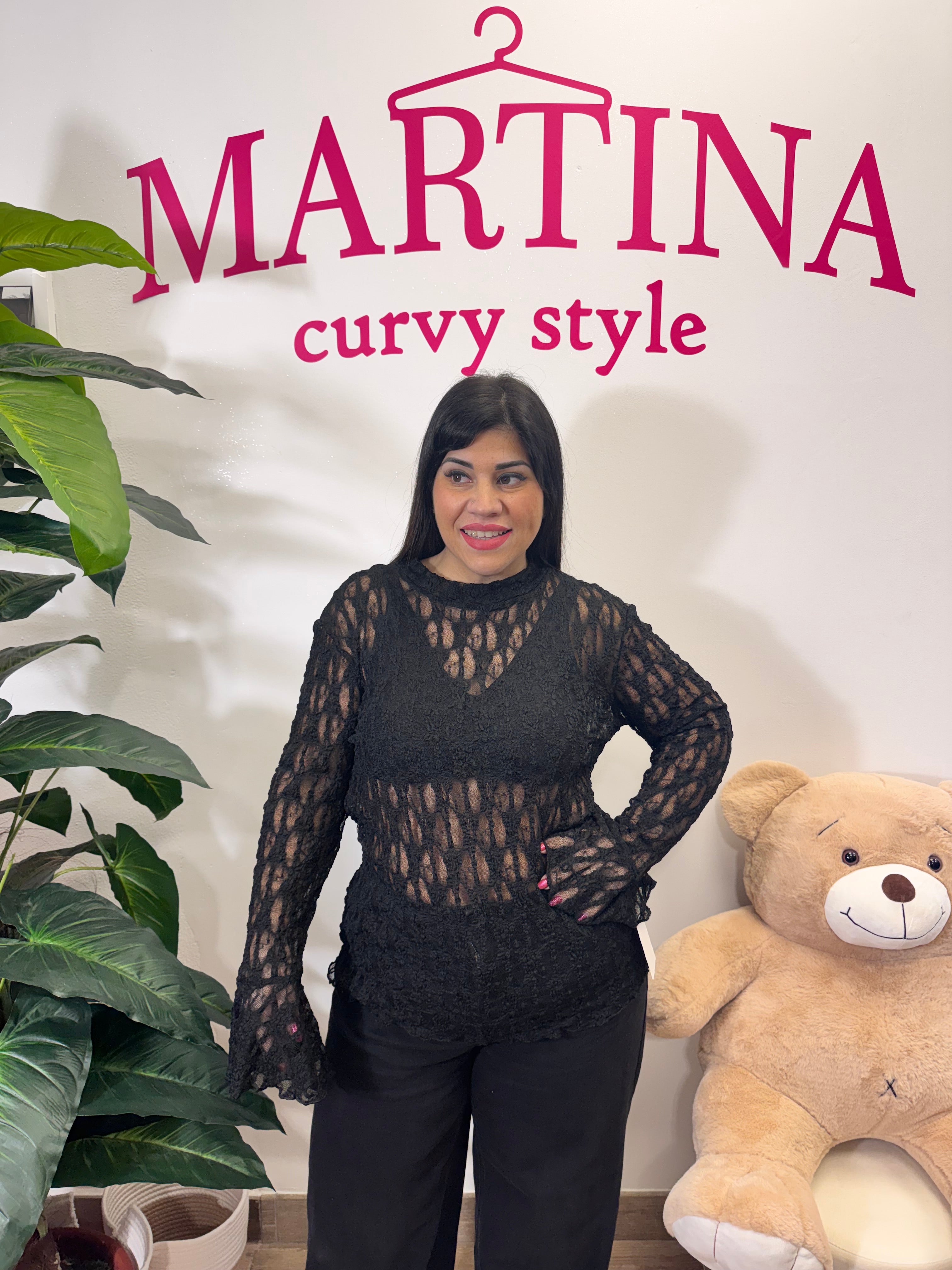 Maglia pizzo manica sbuffo