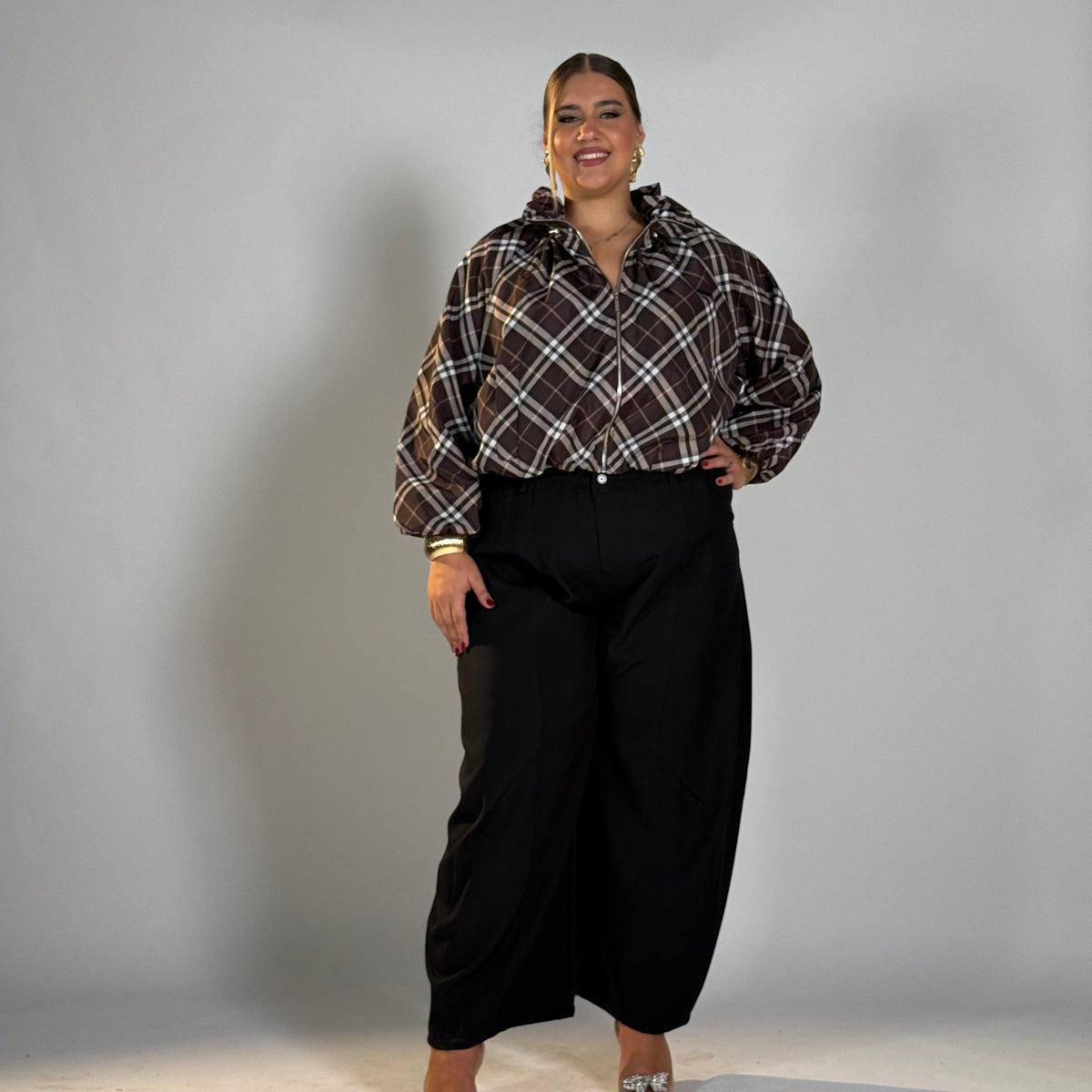 Giacca Check con Colletto Arricciato