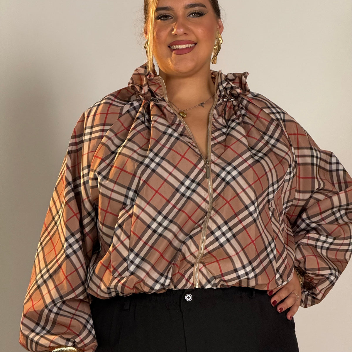 Giacca Check con Colletto Arricciato